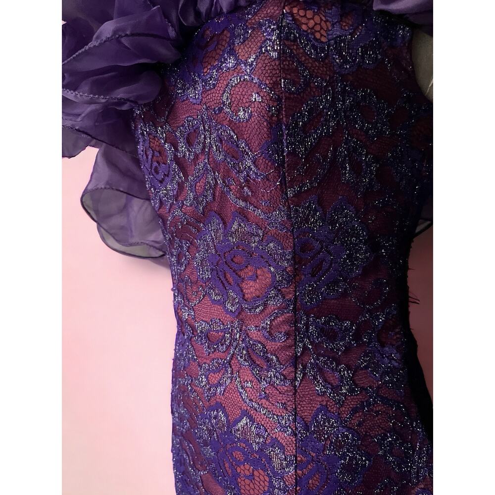 Vintage 80s Metallic Lace Gown | Purple Off Shoulder Ruffle Corset Dress| XS - Picture 7 of 9